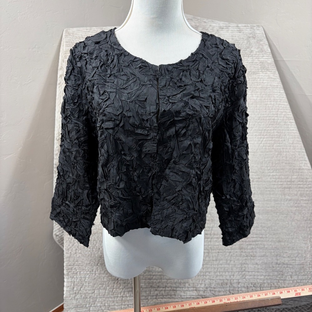 Eileen Fisher Black 100% Silk Textured Ribbon Cropped Jacket Size M